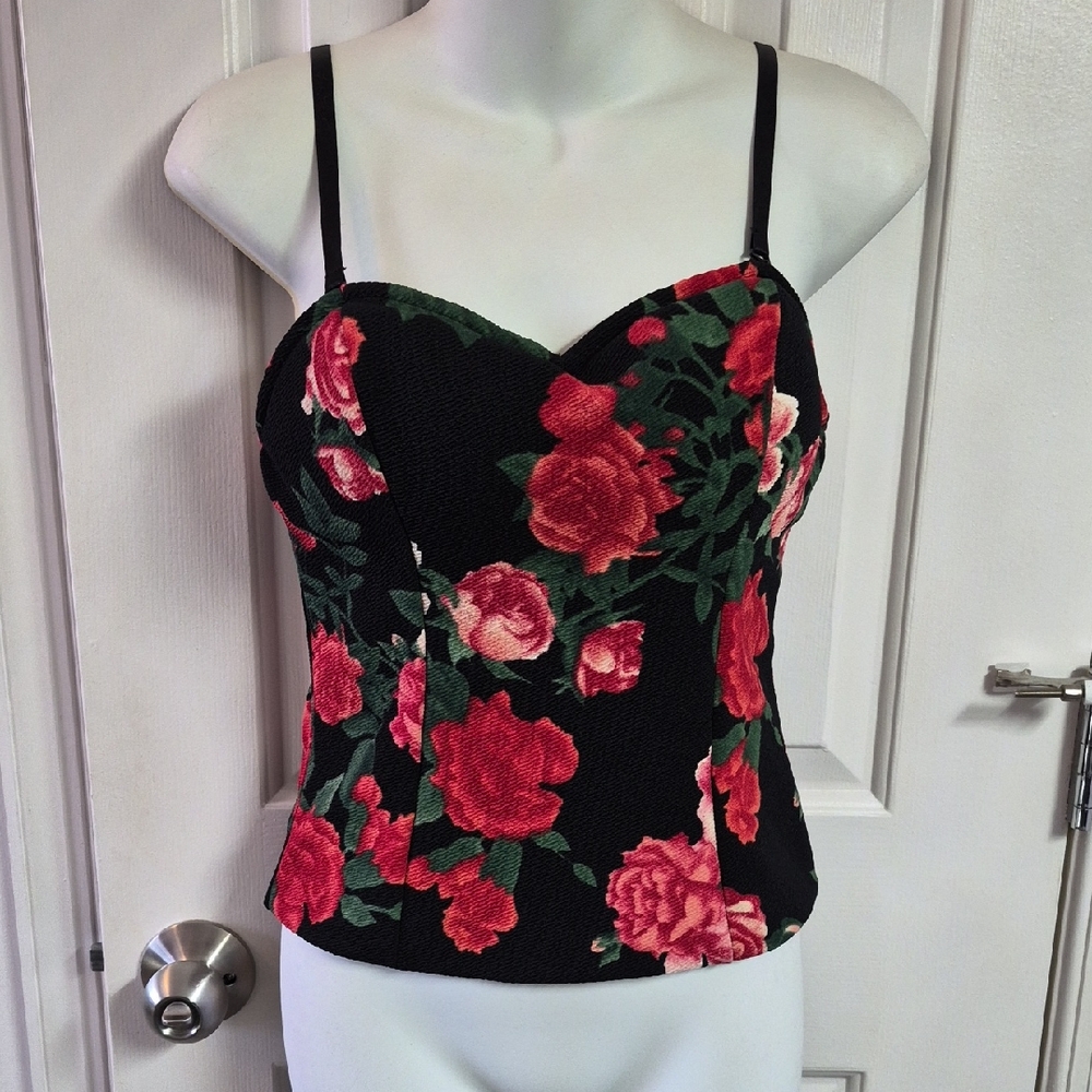 Guess Black Floral Sweetheart Bustier with Red Roses